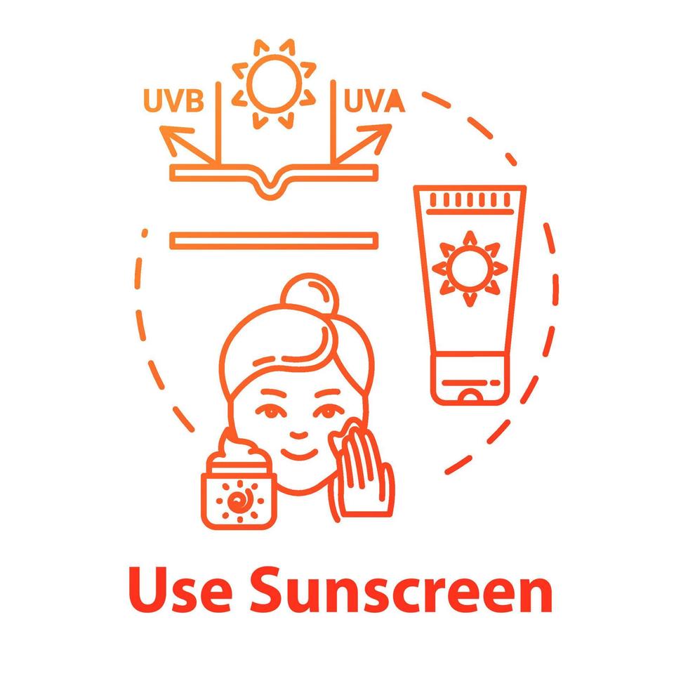 Use sunscreen, sunblock cream and lotion concept icon. Facial skin care, sun protection cosmetics, dermatology idea thin line illustration. Vector isolated outline RGB color drawing. Editable stroke