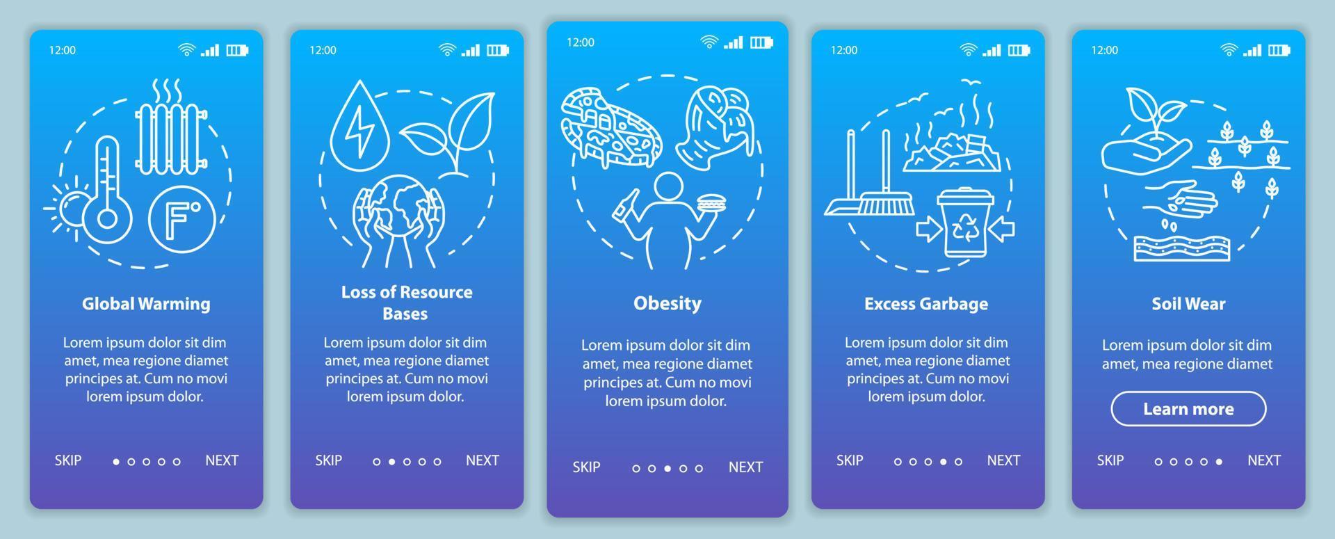 Overconsumption onboarding mobile app page screen with concepts. Global warming, soil wear. Consumerism walkthrough 5 steps graphic instructions. UI vector template with RGB color illustrations
