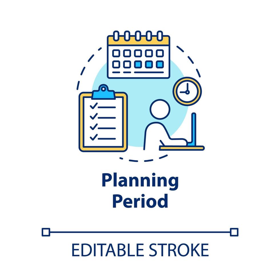 Planning period concept icon. Self-building businessman. Checklist for project. Scheduling work idea thin line illustration. Vector isolated outline RGB color drawing. Editable stroke