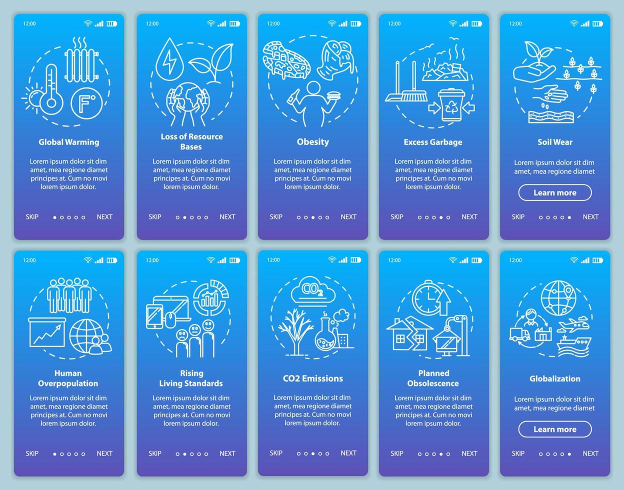 Overconsumption onboarding mobile app page screen with concepts. Environmental damage. Consumerism walkthrough 5 steps graphic instructions. UI vector template with RGB color illustrations
