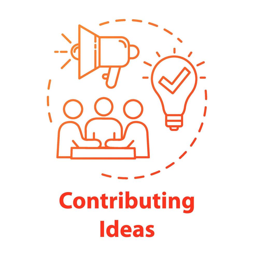 Contributing ideas concept icon. Business meeting. Briefing and cooperation. Teamwork in group. Brainstorming idea thin line illustration. Vector isolated outline RGB color drawing. Editable stroke