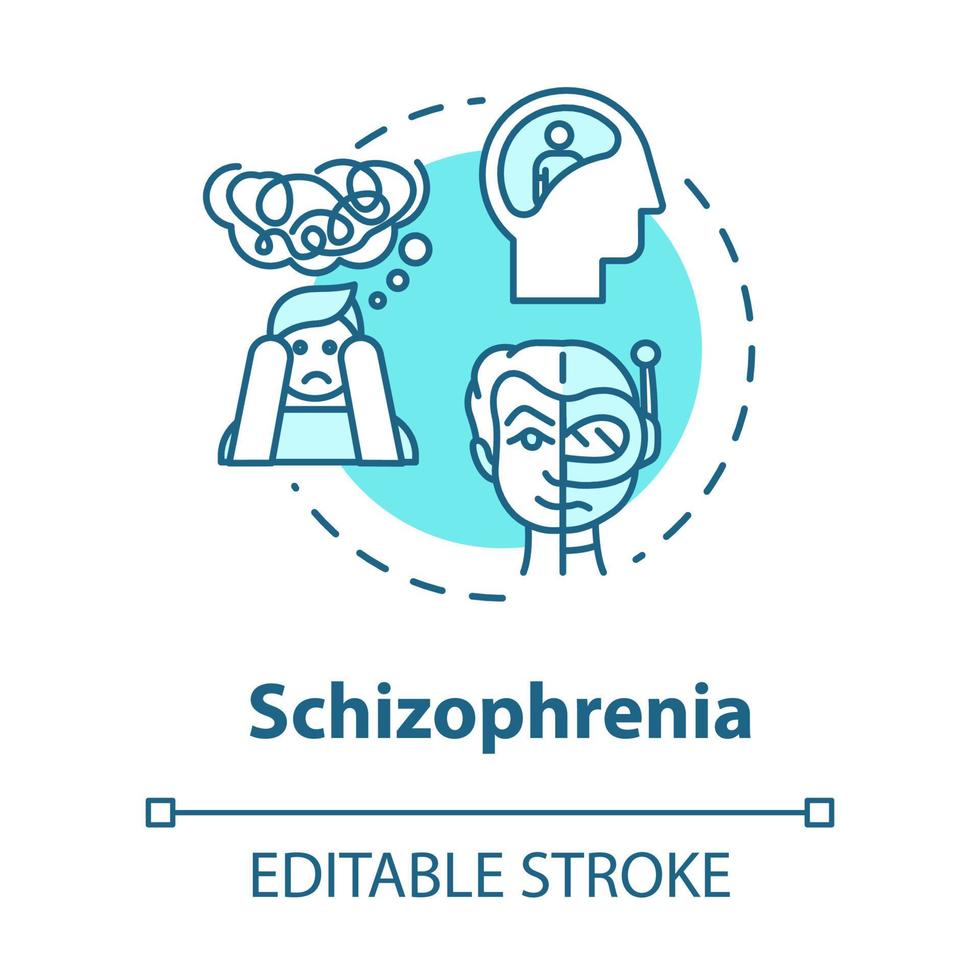 Schizophrenia concept icon. Psychosis with hallucinations. Insanity. Schizophrenic disorder. Mental illness idea thin line illustration. Vector isolated outline RGB color drawing. Editable stroke