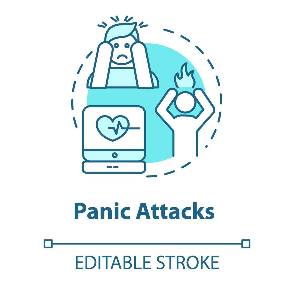 Panic attacks concept icon. Feeling of fear, phobia. Stress symptoms. Personality disorder. Mental illness idea thin line illustration. Vector isolated outline RGB color drawing. Editable stroke