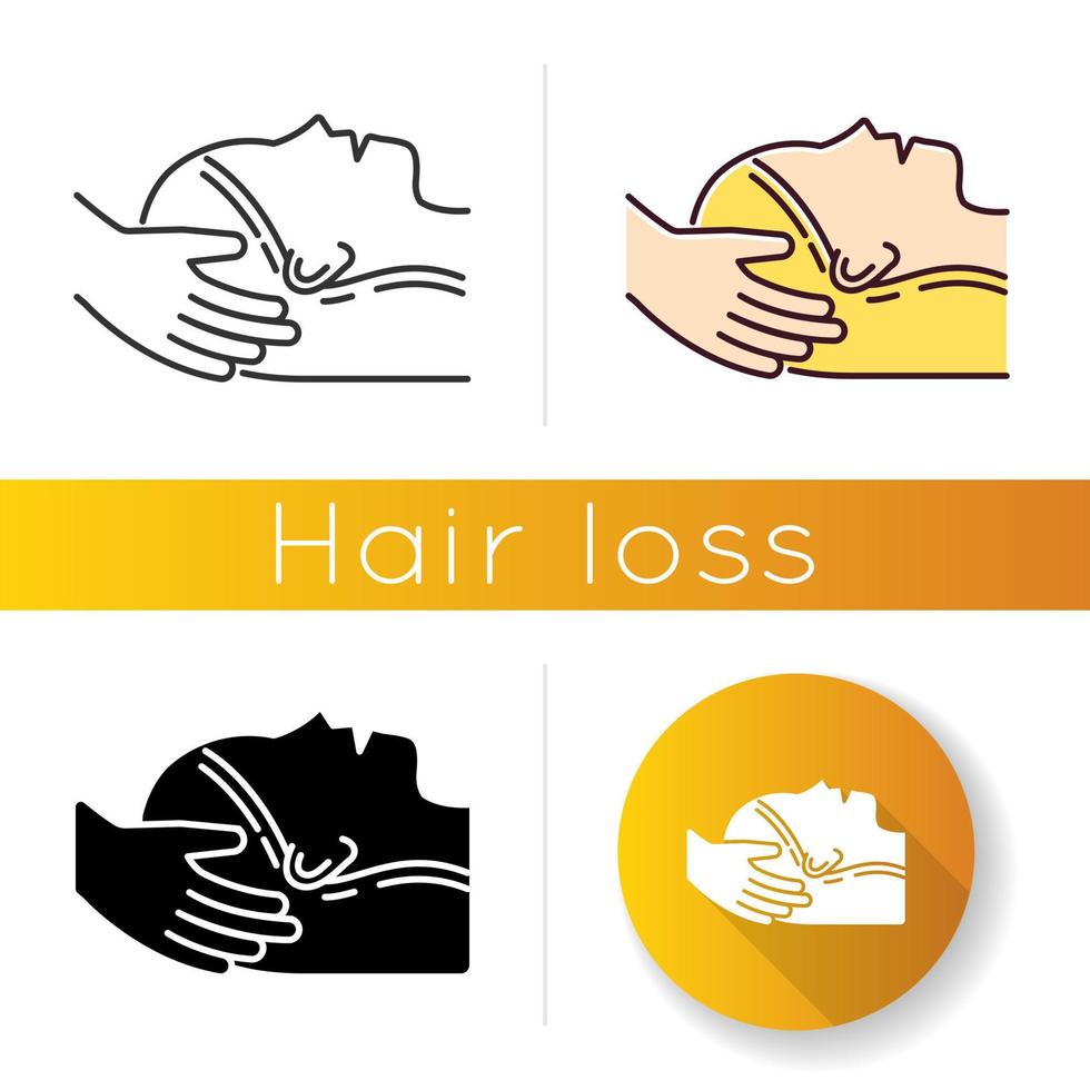 Physiotherapy icon. Hairloss treatment. Woman with alopecia therapy. Hairloss aid. Spa procedure. Cosmetology and dermatology. Linear black and RGB color styles. Isolated vector illustrations