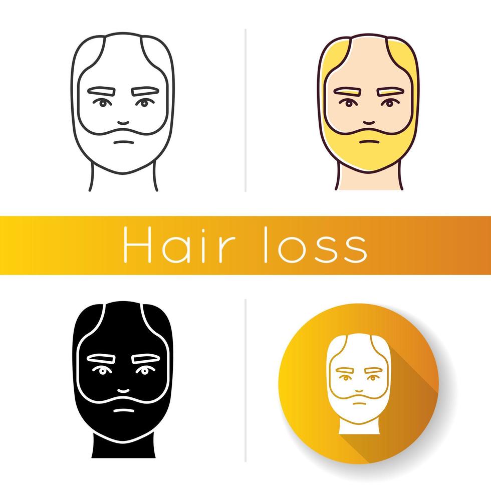 Male hairloss icon. Linear black and RGB color styles. Man with alopecia. Hairloss problem. Baldness. Dermatology and haircare treatment. Thinning hairline. Falling hair. Isolated vector illustrations