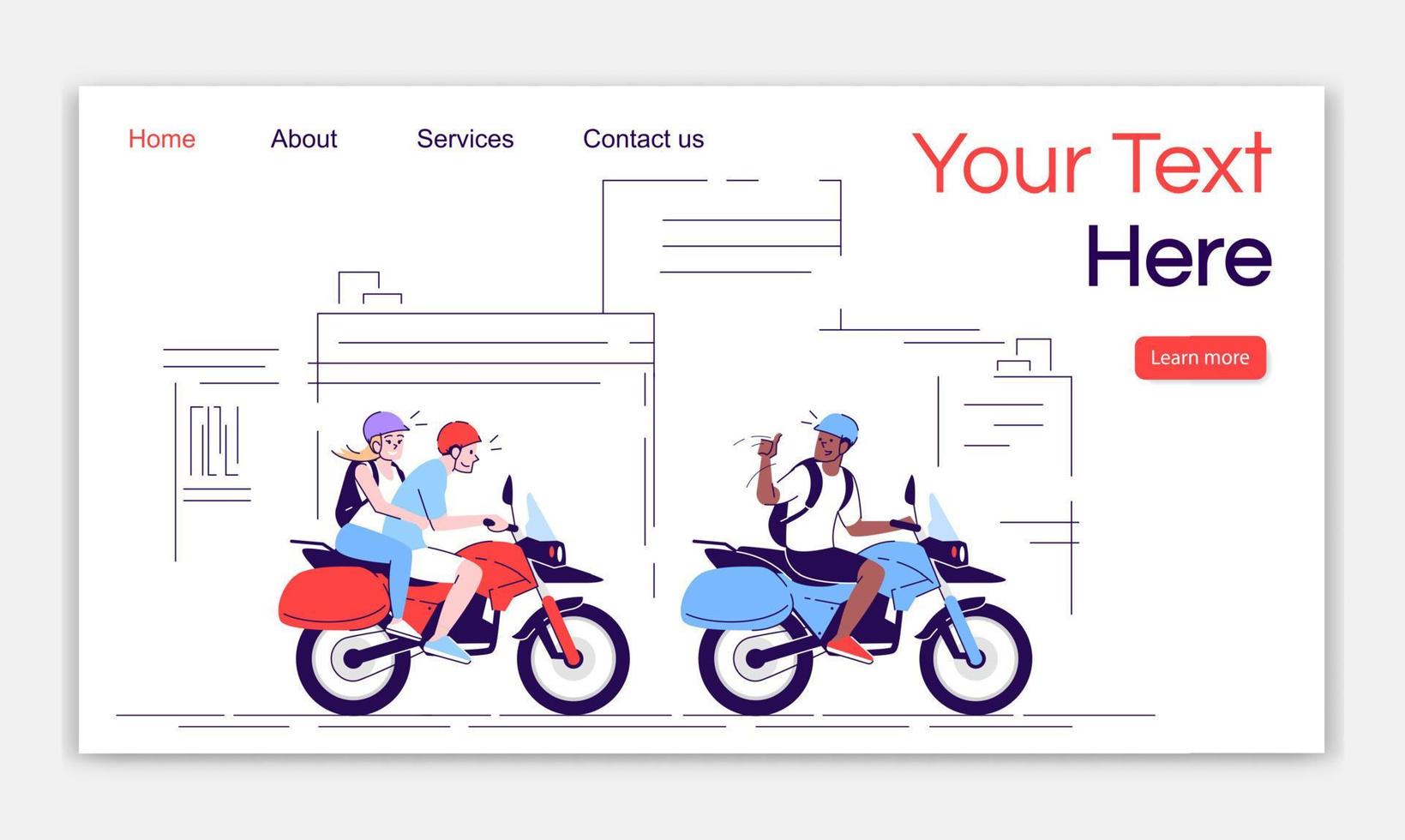Local transport landing page vector template. Tourists riding motorcycles in city. Indonesia tourism website interface idea with flat illustration. Homepage layout. Web banner, webpage cartoon concept