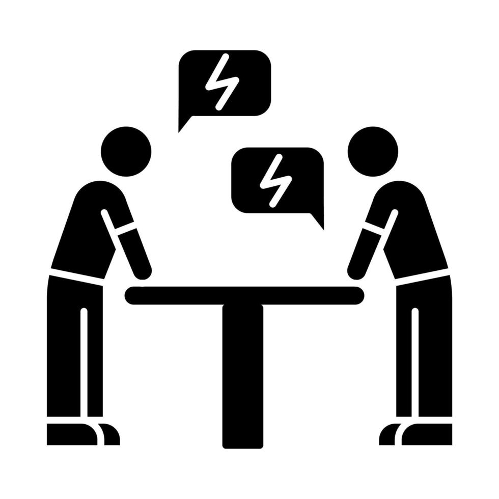 Negotiation black glyph icon. Dialogue between parties. Argument. Opposing interests. Conflict. Dispute. Lawsuit. Rivals, adversaries. Silhouette symbol on white space. Vector isolated illustration