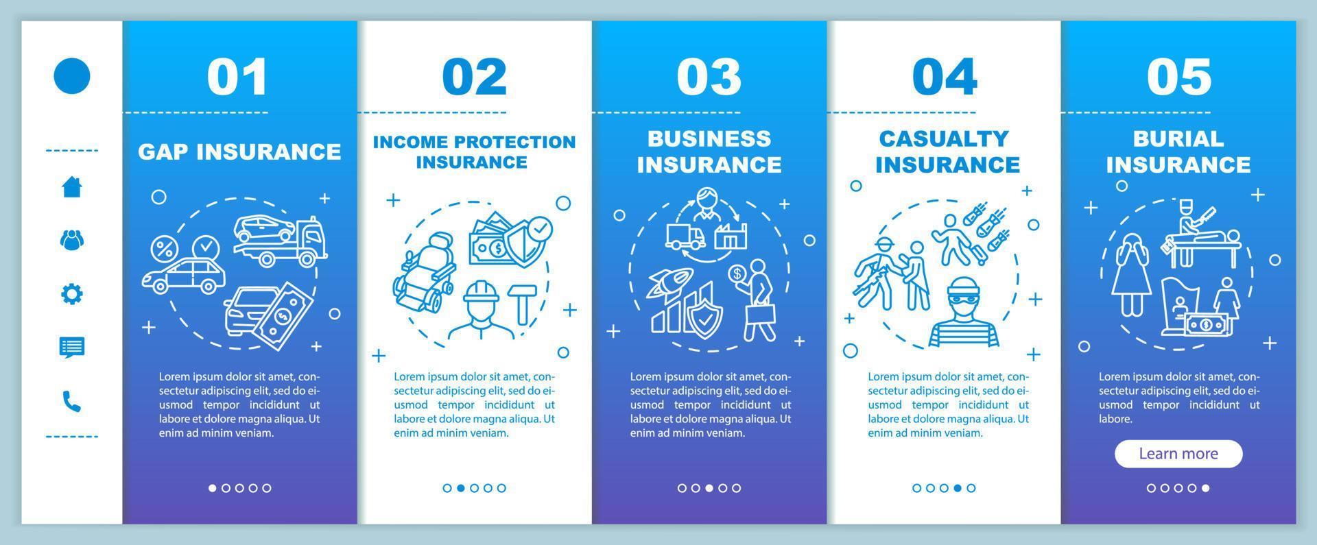 Life insurance onboarding vector template. Damage from casualties. Fund and capital growth. Responsive mobile website with icons. Webpage walkthrough step screens. RGB color concept