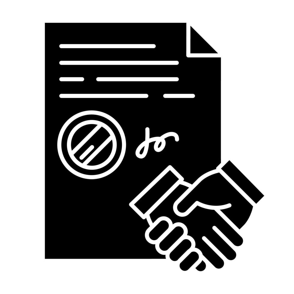 Conclusion of contract black glyph icon. Signed notarized document with stamp. Apostille. Legal agreement. Business deal. Partnership. Silhouette symbol on white space. Vector isolated illustration