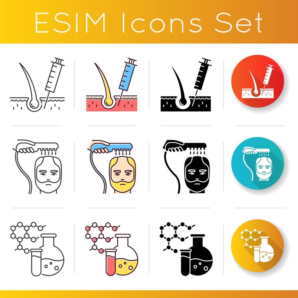 Hair loss icons set. Alopecia treatment. Hairloss injection. Laser therapy. Chemistry, medicine. Dermatology and healthcare. Linear, black and RGB color styles. Isolated vector illustrations