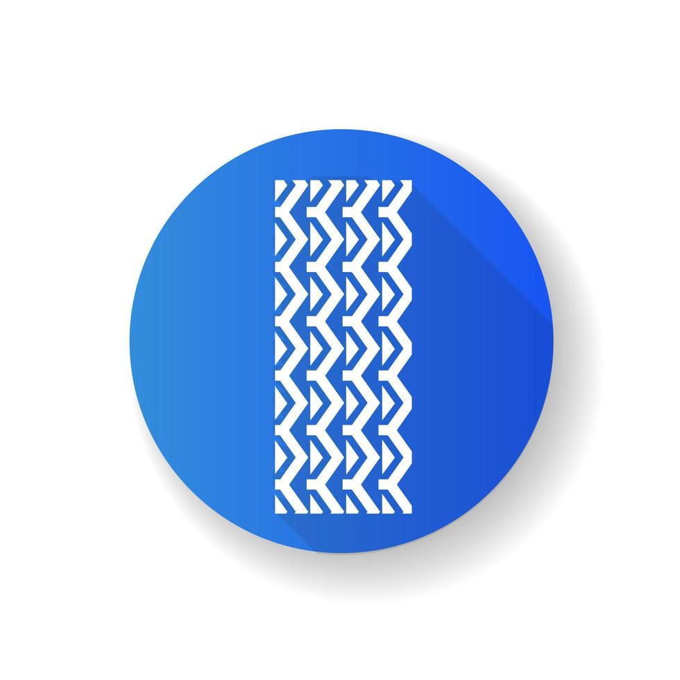 Track marks blue flat design long shadow glyph icon. Detailed automobile, motorcycle street tyre traces. Zigzag-shaped wheel print with thick grooves. Tire trail. Silhouette RGB color illustration vector