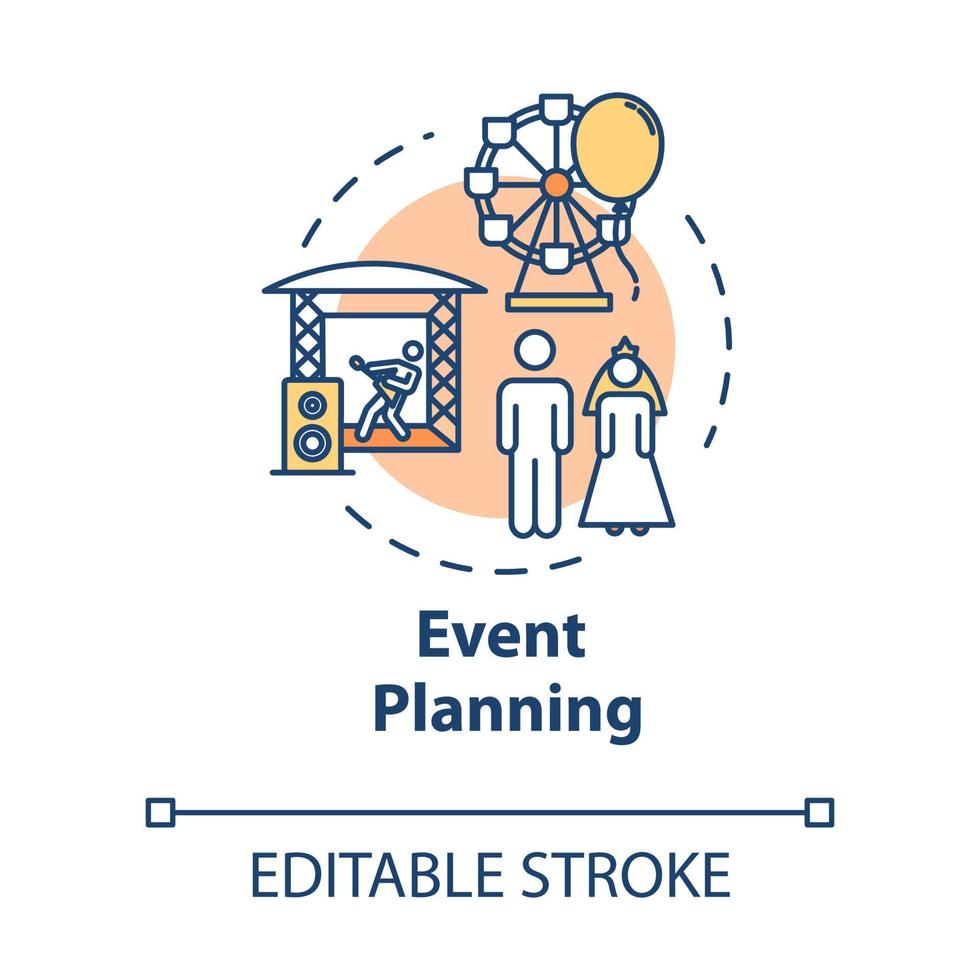 Event planning concept icon. Performance on concert. Wedding organization. Professional agency idea thin line illustration. Vector isolated outline RGB color drawing. Editable stroke