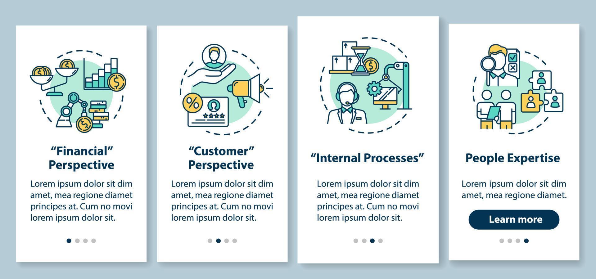 Long-term goals onboarding mobile app page screen with concepts. Customer perspective. Business building walkthrough 4 steps graphic instructions. UI vector template with RGB color illustrations