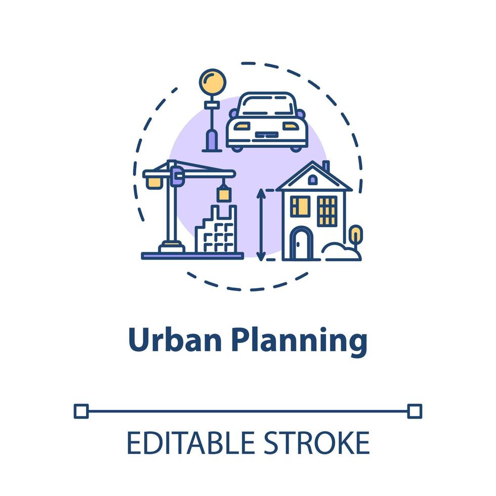 Urban planning concept icon. Infrastructure and transportation. Suburban settlement. Building construction idea thin line illustration. Vector isolated outline RGB color drawing. Editable stroke