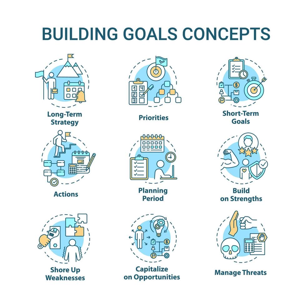 Building goals concept icons set. Setting target to achieve. Improving performance. Self-development idea thin line RGB color illustrations. Vector isolated outline drawings. Editable stroke
