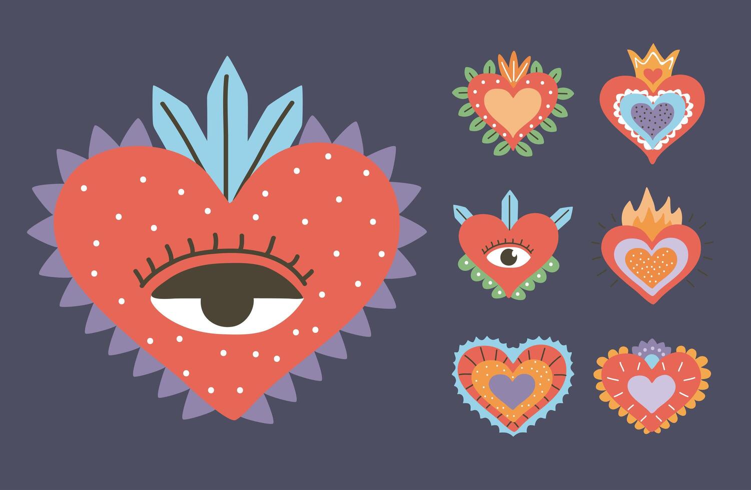 siete corazones decorados vector