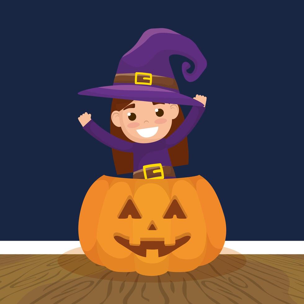 little girl with witch disguise and pumpkin vector