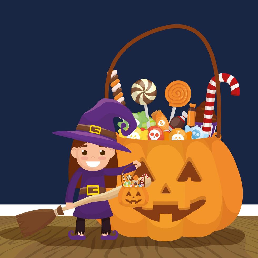 little girl with witch disguise and candies pumpkin vector