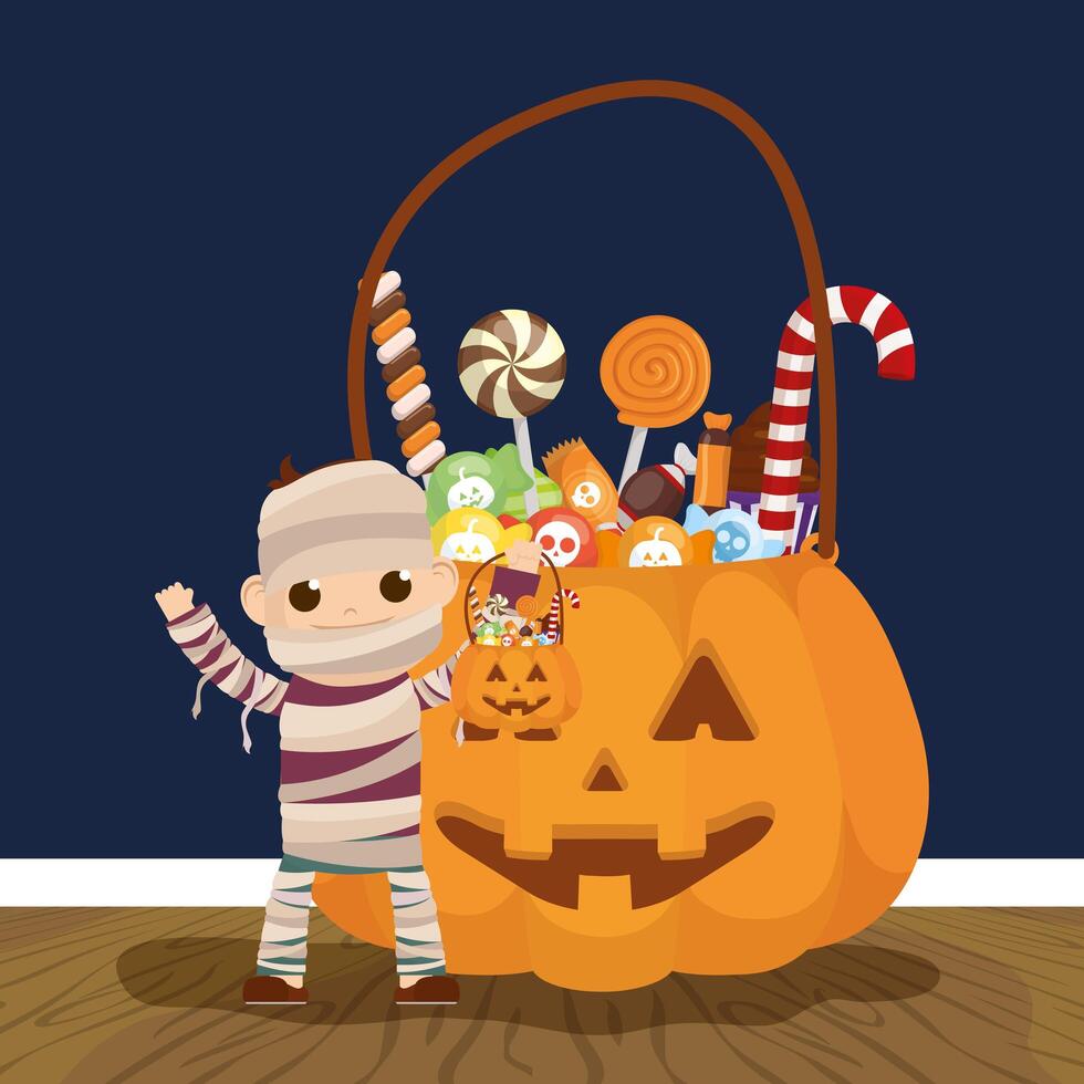 little boy with mummy disguise and candies pumpkin vector