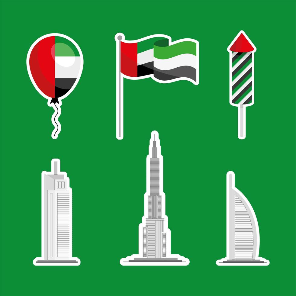 seis iconos nacionales de los emiratos árabes unidos vector
