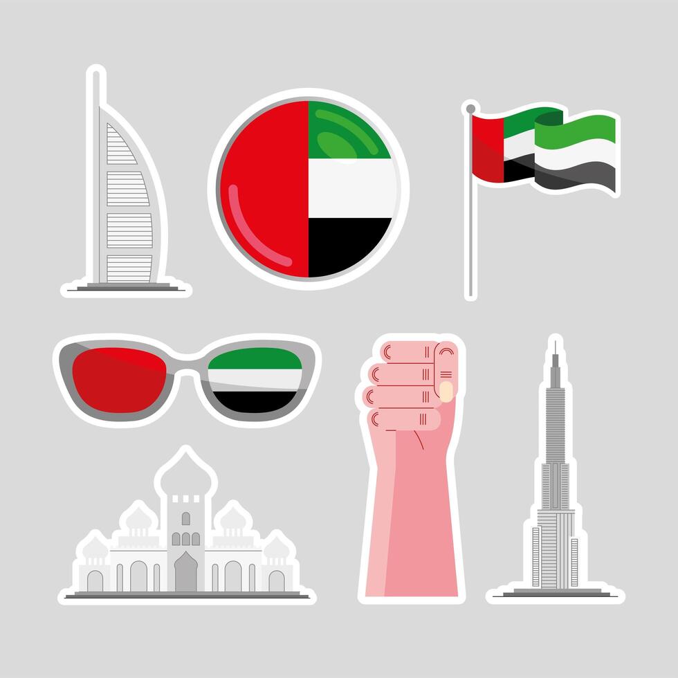 siete iconos nacionales de los emiratos árabes unidos vector