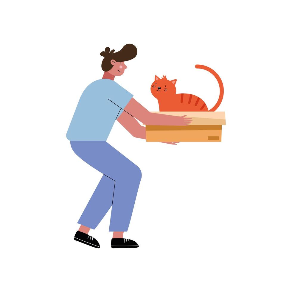 hombre levantando gato en caja vector