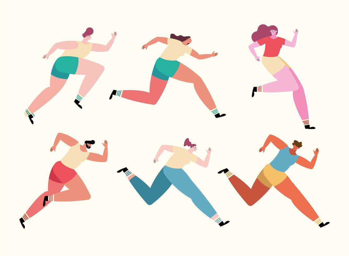 six athletes running characters vector