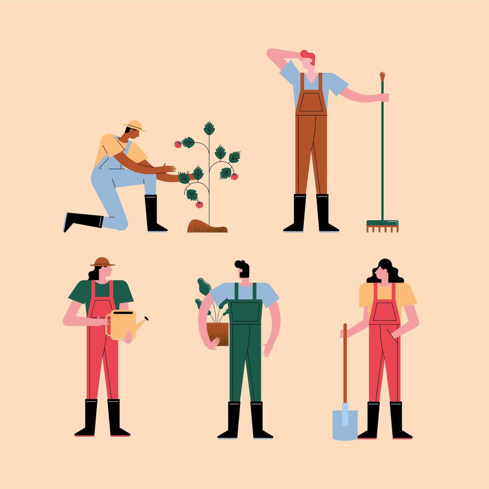 five farmers workers characters vector