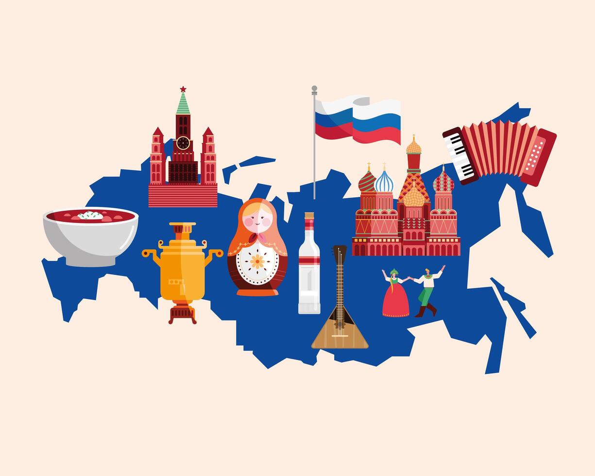 iconos de rusia en el mapa vector