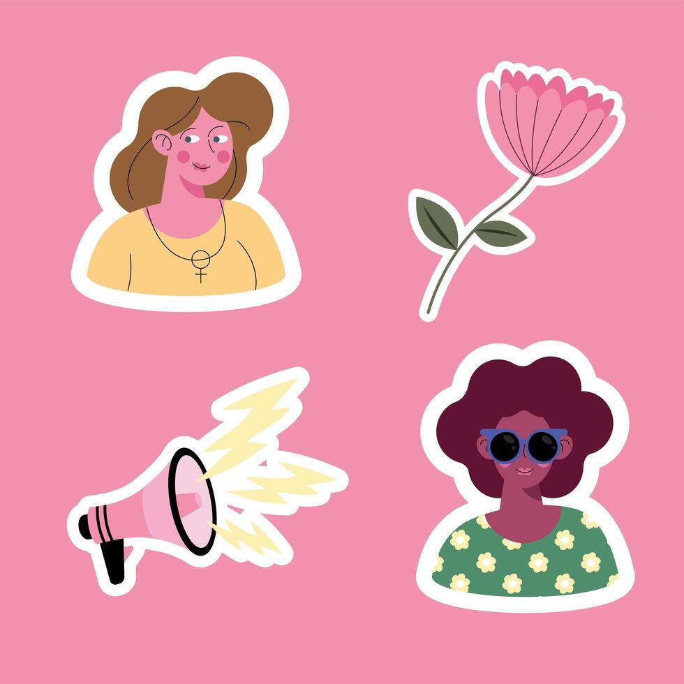 girl power cuatro iconos vector