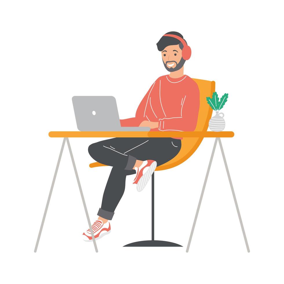 bearded man working in laptop vector