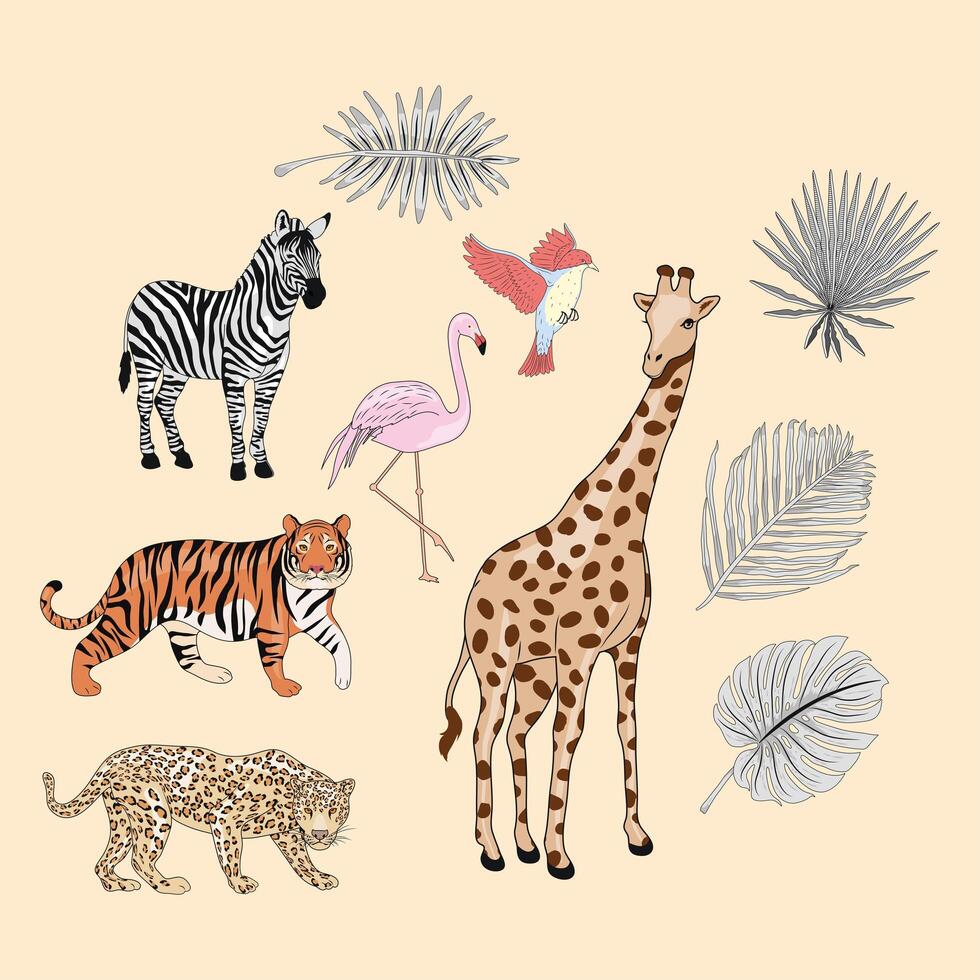 wild animals and leafs vector