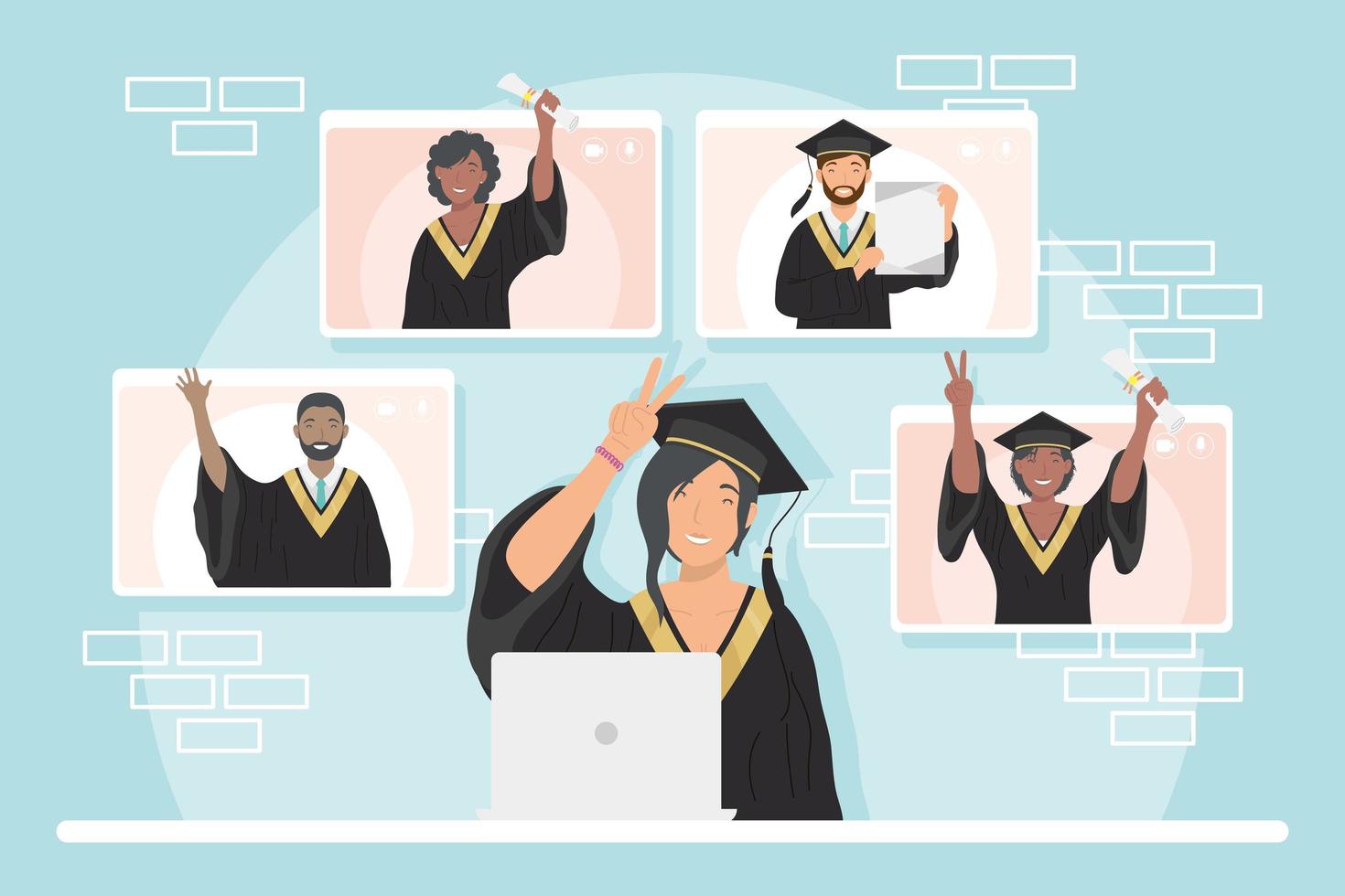 five students in virtual graduation vector