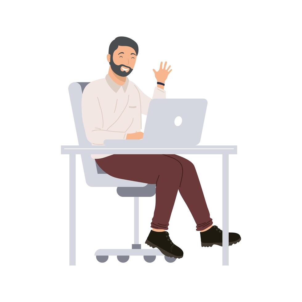 bearded man using laptop vector