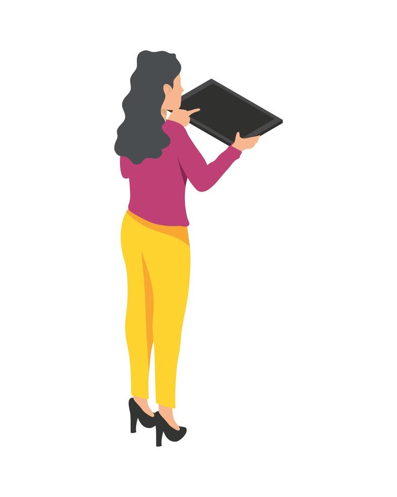 mujer de negocios, trabajando, en, tableta vector