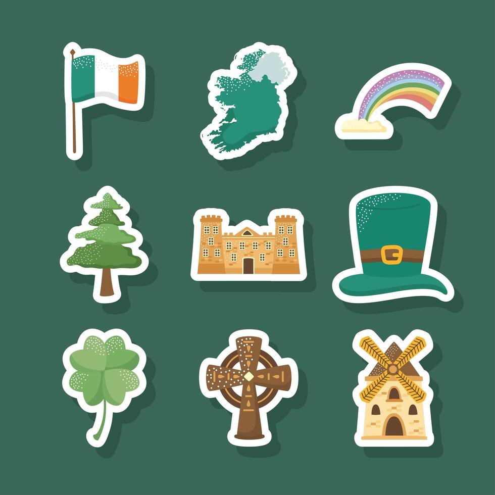 nueve iconos de la cultura de irlanda vector