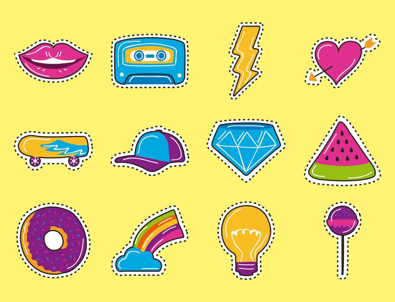 twelve patches pop art icons vector