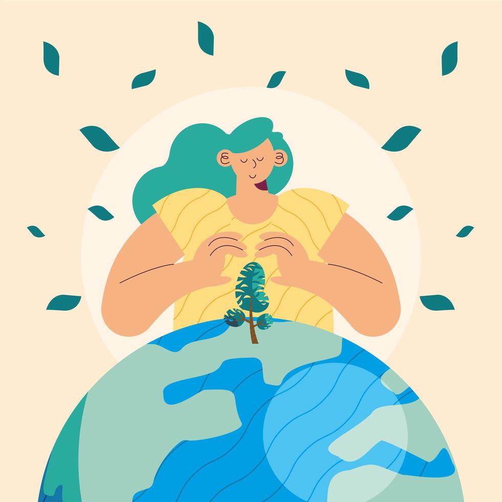 woman protecting tree and planet vector