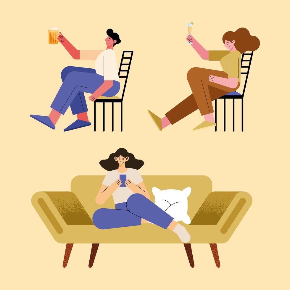 three persons relaxing vector