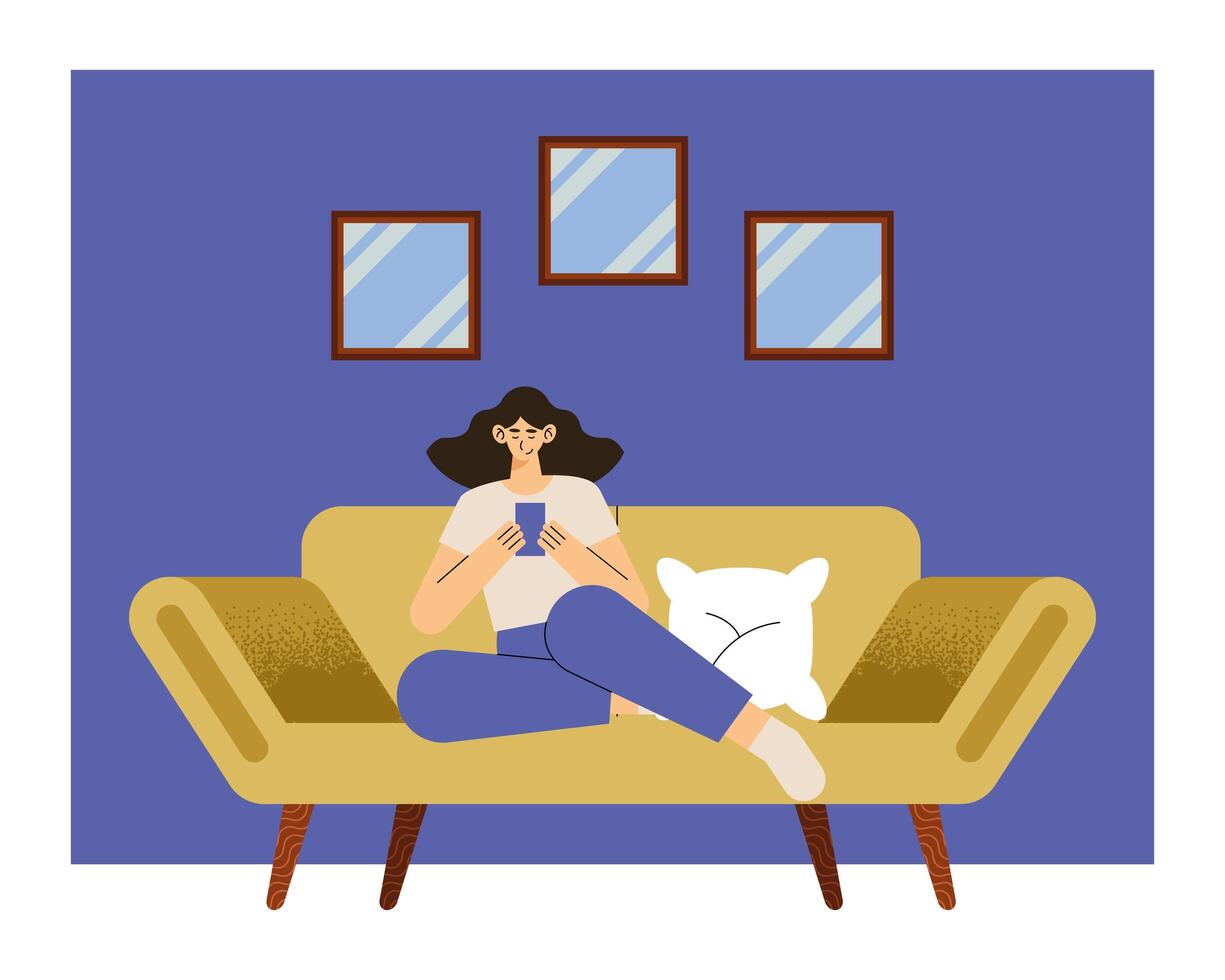 mujer, utilizar, smartphone, en, sala vector