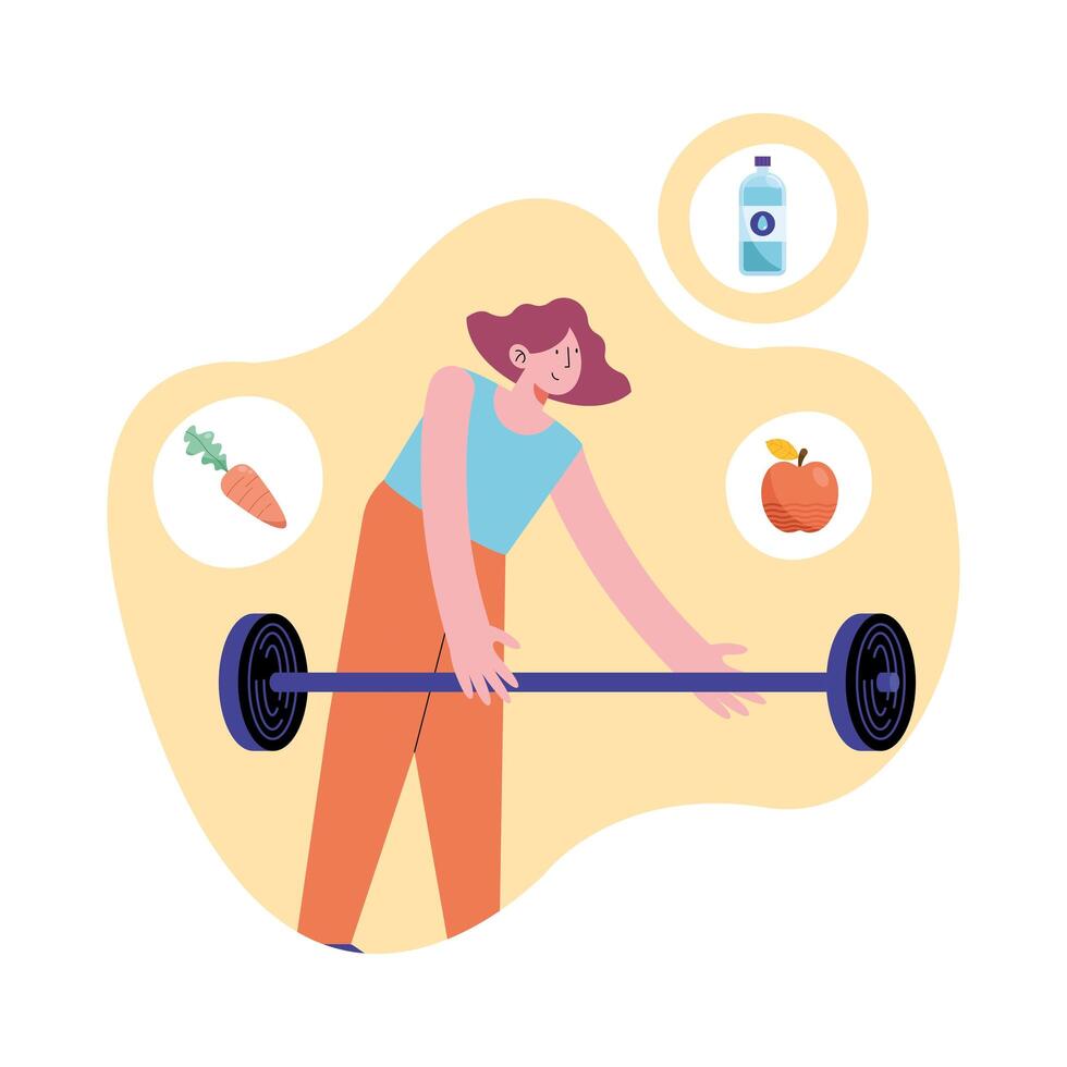 woman lifting weight with healthy icons vector