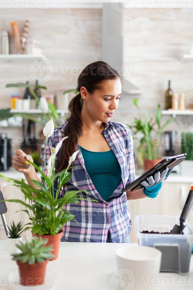 mujer leyendo sobre jardinería foto