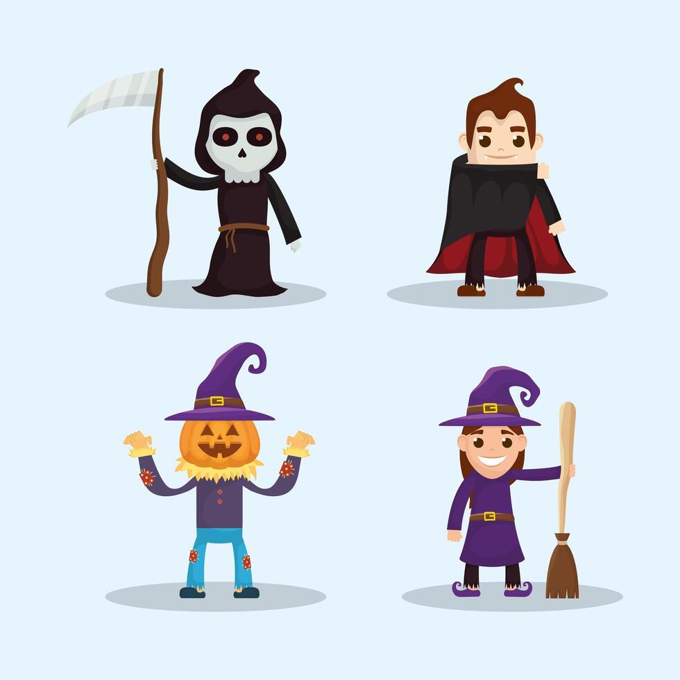 kids costumes happy halloween party vector