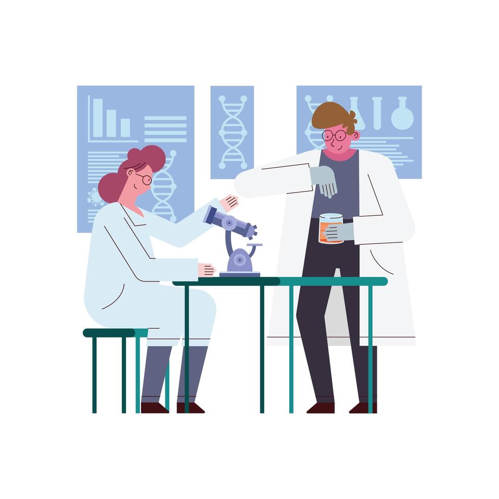 woman and man scientist with microscope vector