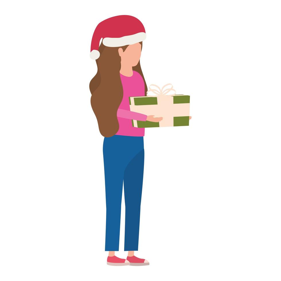 mujer joven, con, navidad, sombrero, y, caja de regalo vector