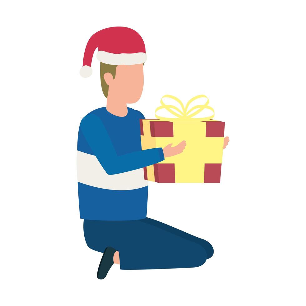 young man with christmas hat and giftbox present vector