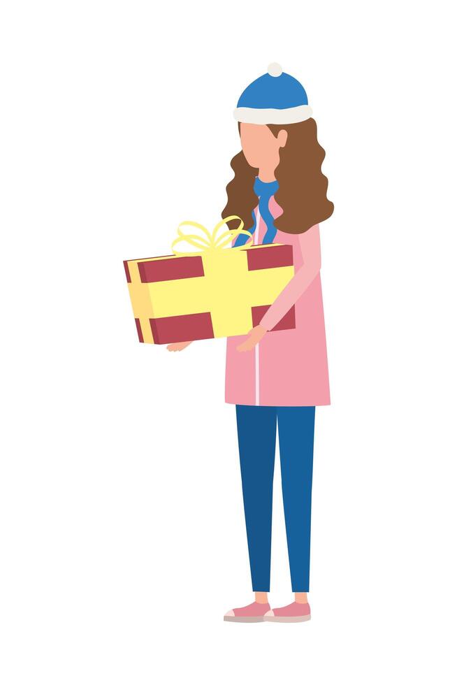 young woman with christmas hat and giftbox vector