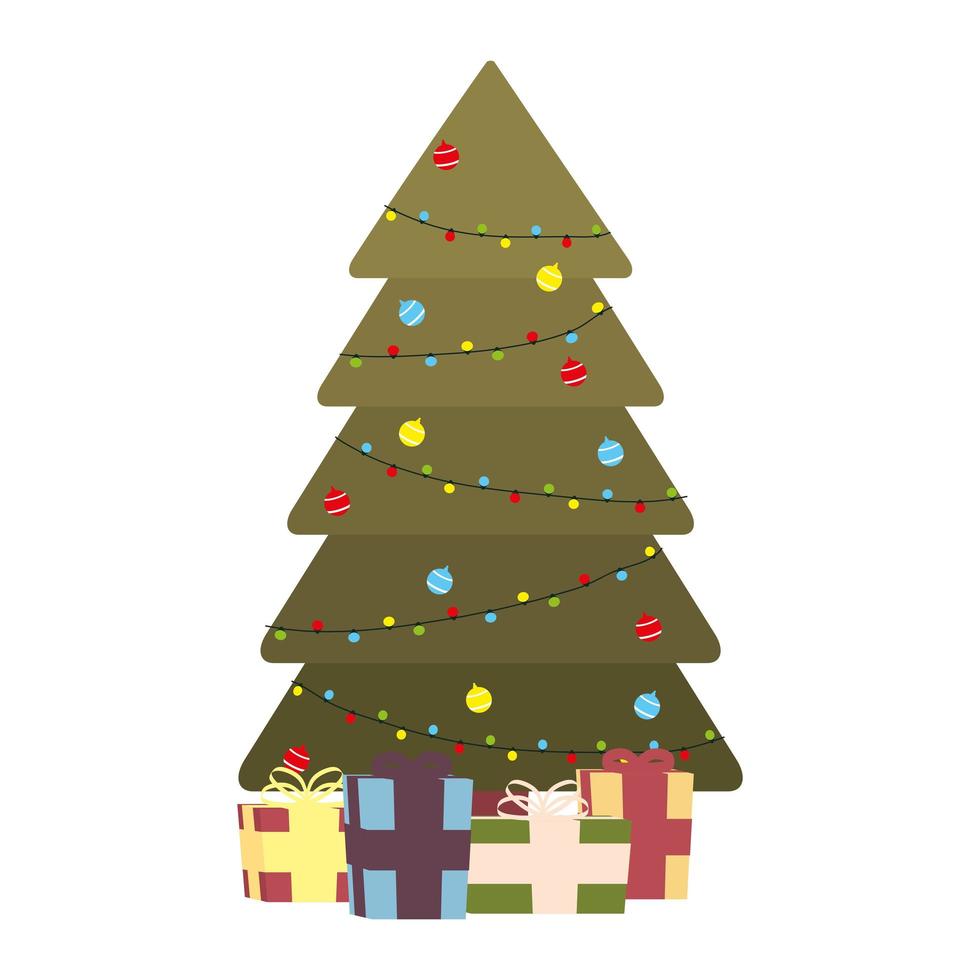 pino de navidad con bolas colgantes y regalos vector