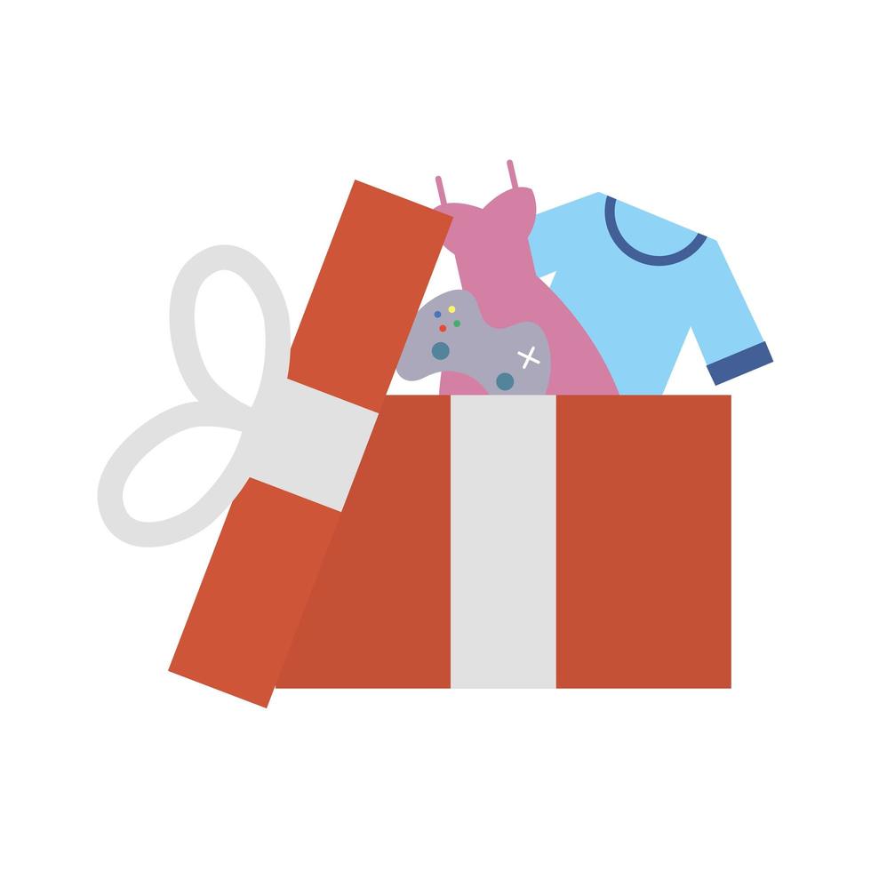 gift box present with clothes and video game control vector