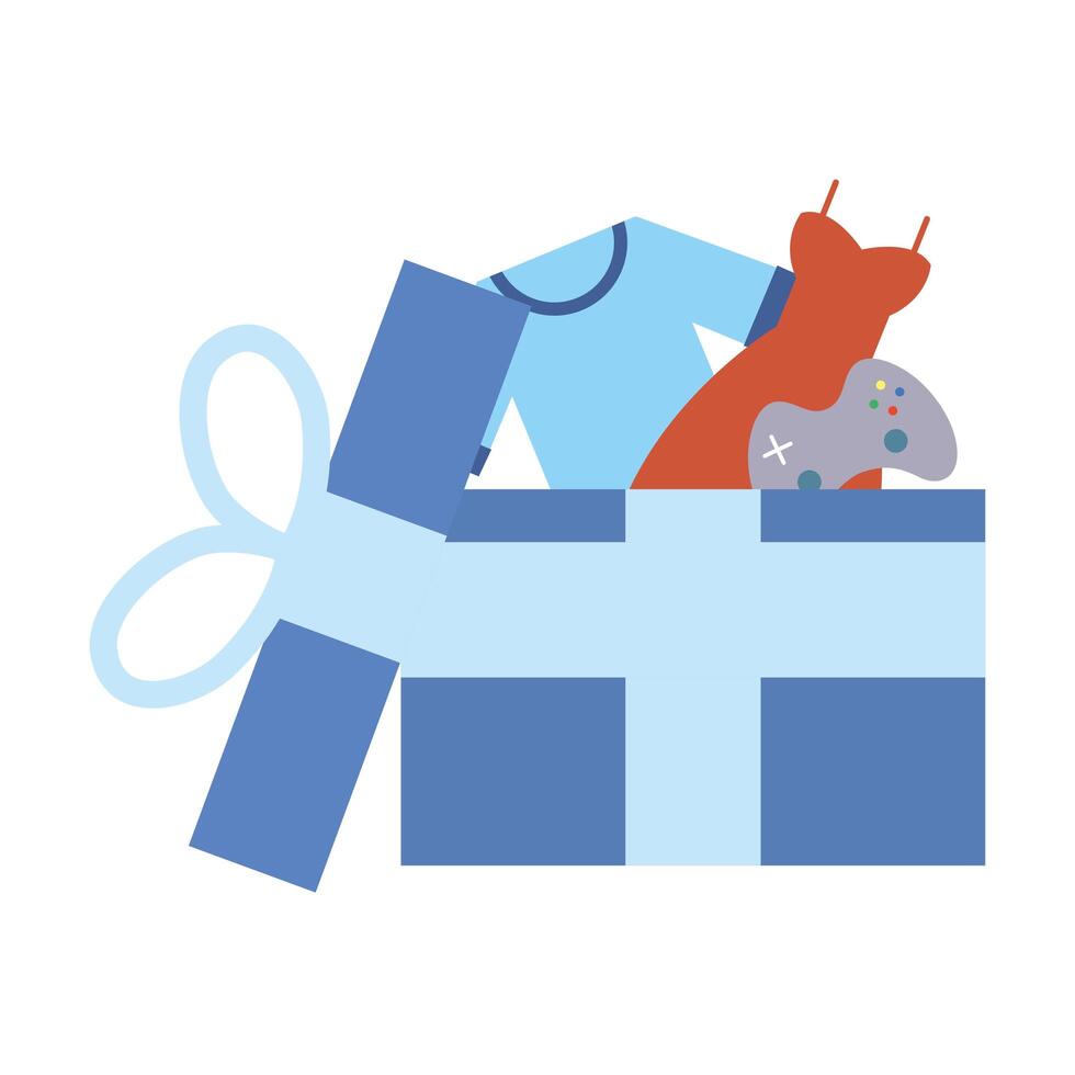gift box present with clothes and video game control vector